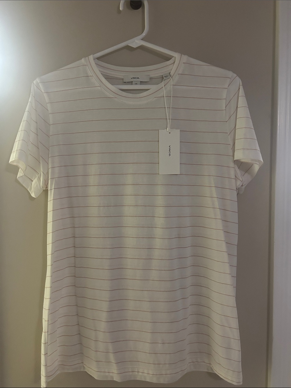 Vince White Short-Sleeve Crewneck Tee with Thin Tan/Brown Stripes